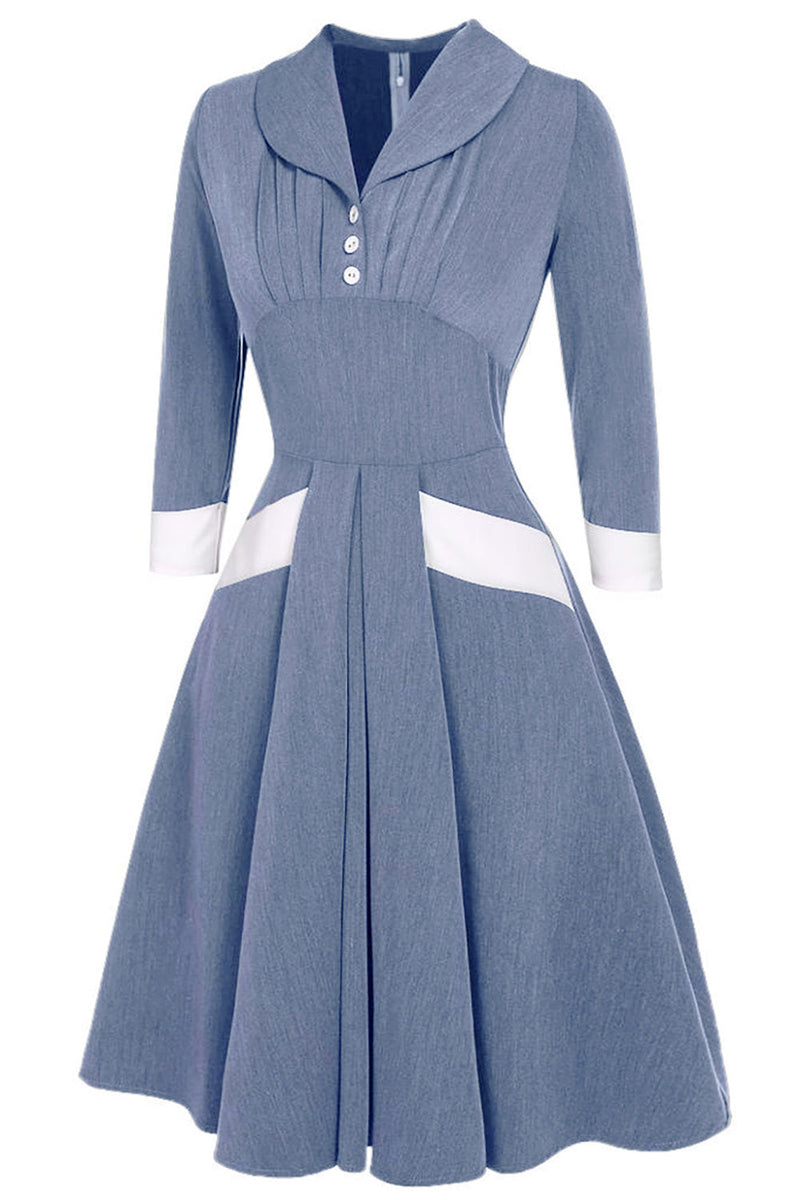 Carica l&#39;immagine nel visualizzatore di Gallery, Abito swing grigio blu anni 50 con maniche lunghe