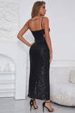 Spaghetti Straps Paillettes Nere Prom Dress con Spacco