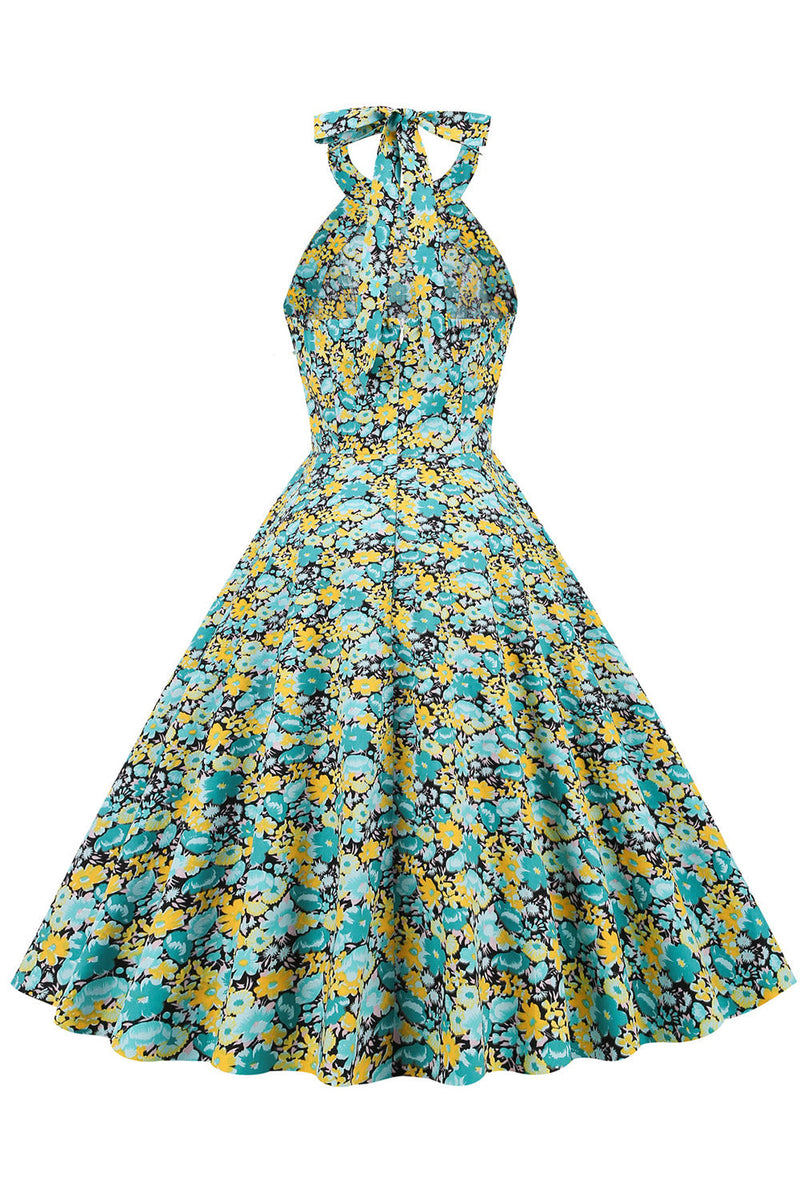 Carica l&#39;immagine nel visualizzatore di Gallery, Blu Giallo Fiore Halter Pin Up Dress