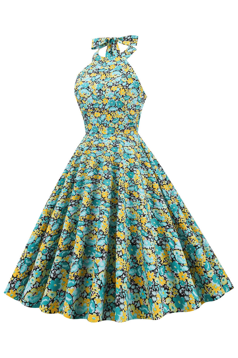 Carica l&#39;immagine nel visualizzatore di Gallery, Blu Giallo Fiore Halter Pin Up Dress
