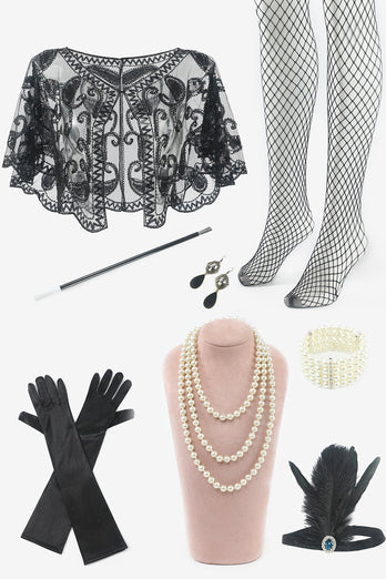 Paillettes nere 1920s Flapper Plus Size Dress con set di accessori anni '20