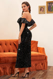 Tubino off the Shoulder Abito da ballo nero con paillettes