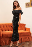 Tubino off the Shoulder Abito da ballo nero con paillettes