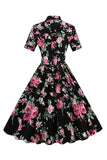 Abito a maniche corte floreali nero e rosso Vintage anni 50