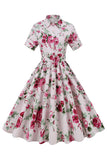 Abito a maniche corte floreali nero e rosso Vintage anni 50