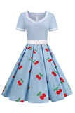 Abito Vintage 1950 stampato in ciliegia blu