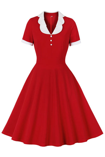 Red Lapel Neck 1950s Swing Dress