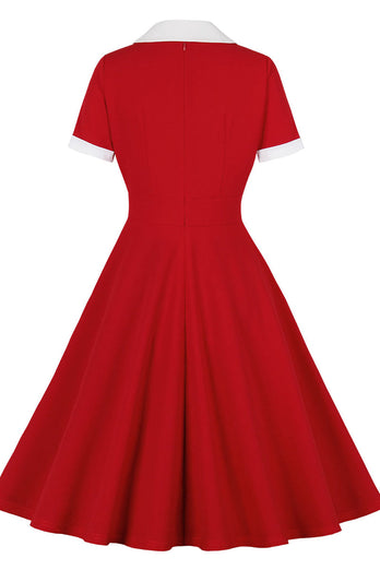 Red Lapel Neck 1950s Swing Dress