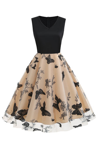 Abito nero con scollo a V Vintage anni 1950 con applique