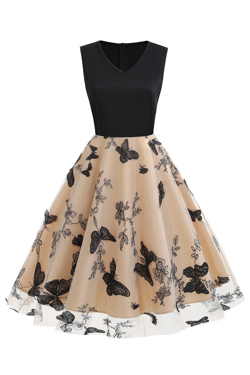 Carica l&#39;immagine nel visualizzatore di Gallery, Abito nero con scollo a V Vintage anni 1950 con applique