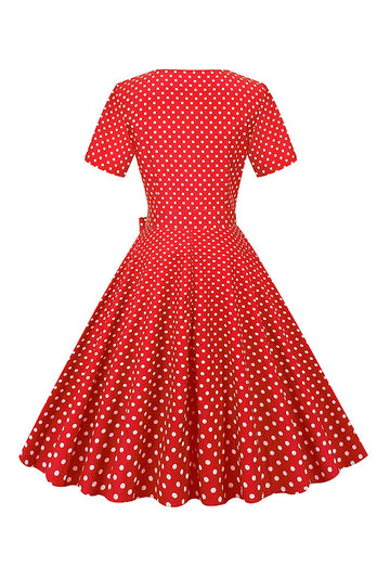 Hepburn Red Polka Dots Stampa Abito Vintage con Cintura