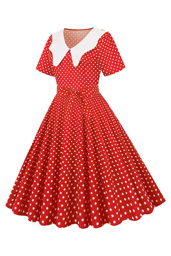 Hepburn Red Polka Dots Stampa Abito Vintage con Cintura