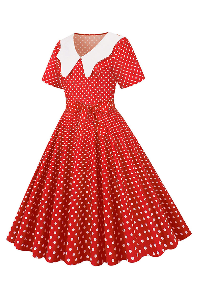 Carica l&#39;immagine nel visualizzatore di Gallery, Hepburn Red Polka Dots Stampa Abito Vintage con Cintura