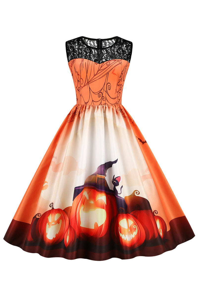 Carica l&#39;immagine nel visualizzatore di Gallery, Vintage Girocollo Pannello Pannello Stampa Halloween Abito