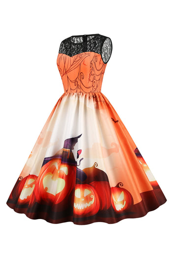Vintage Girocollo Pannello Pannello Stampa Halloween Abito