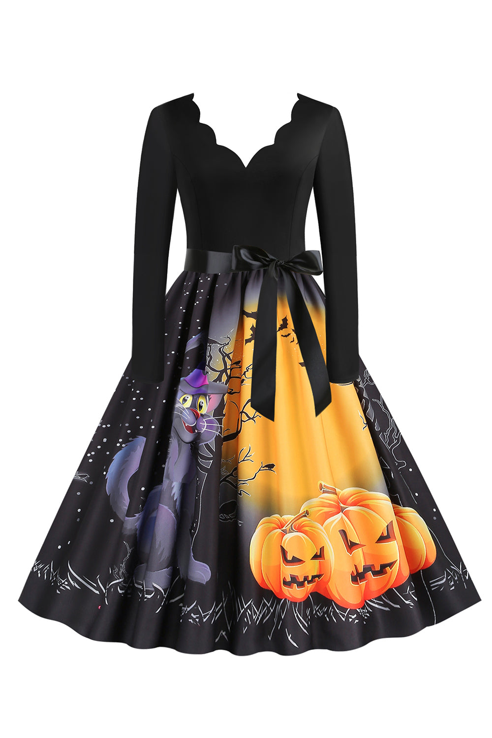 Scollo a V Manica Lunga Jack-o-lantern Stampa Halloween Retro Abito