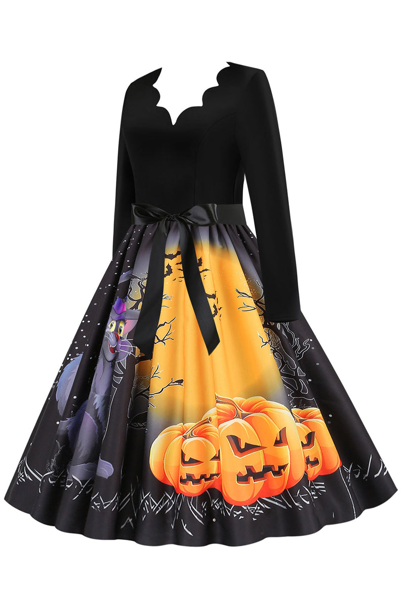 Carica l&#39;immagine nel visualizzatore di Gallery, Scollo a V Manica Lunga Jack-o-lantern Stampa Halloween Retro Abito