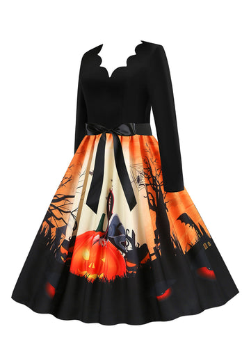 Scollo a V Manica Lunga Jack-o-lantern Stampa Halloween Retro Abito