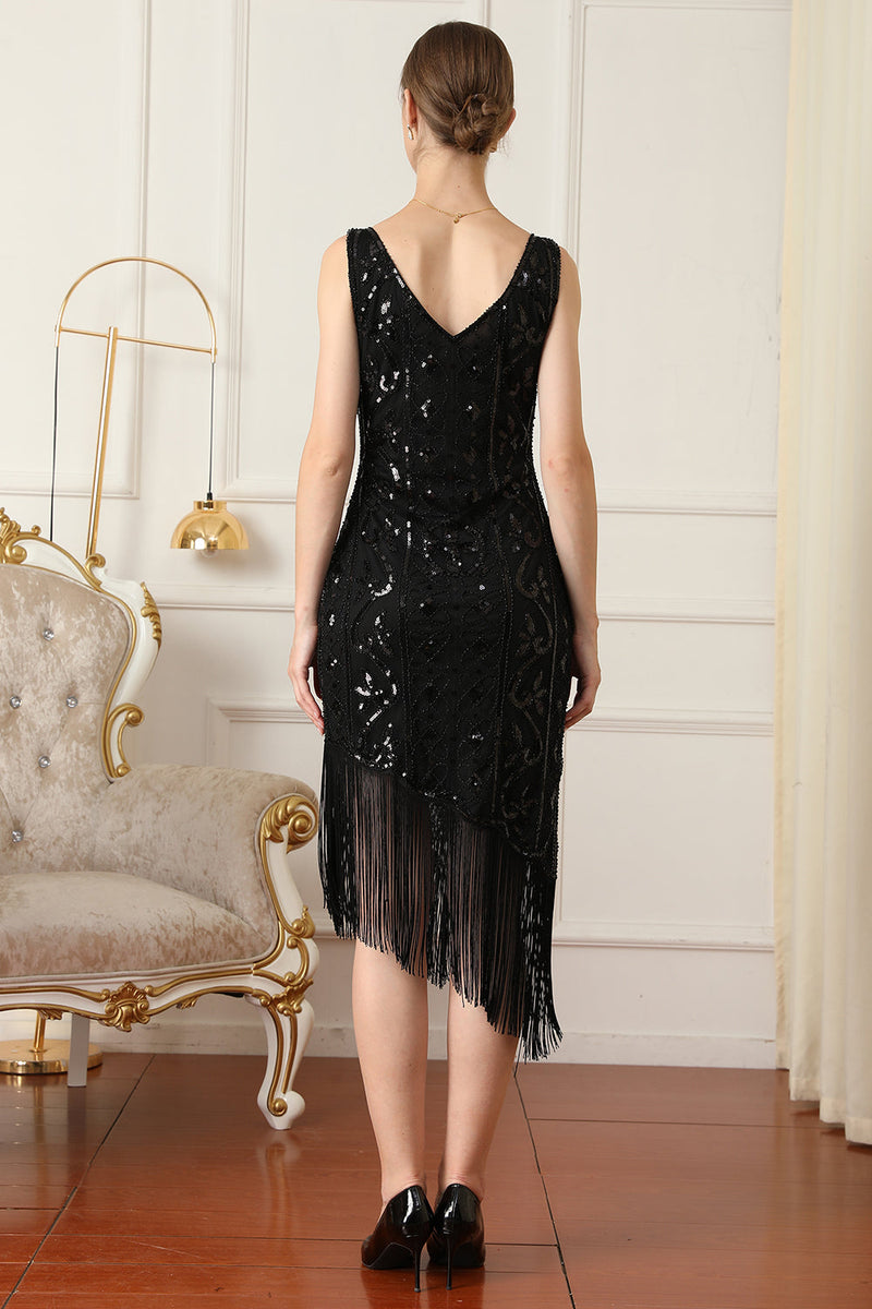 Carica l&#39;immagine nel visualizzatore di Gallery, Abito Flapper nero paillettes del 1920 con frange