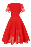 A Linea Abito Vintage Rosso Scollo a V con Maniche Corte