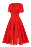 A Linea Abito Vintage Rosso Scollo a V con Maniche Corte