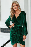 Velluto Verde Scuro Maniche Lunghe Wrap Party Dress