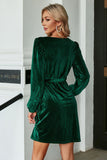 Velluto Verde Scuro Maniche Lunghe Wrap Party Dress