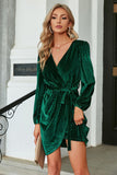 Velluto Verde Scuro Maniche Lunghe Wrap Party Dress