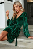 Velluto Verde Scuro Maniche Lunghe Wrap Party Dress