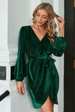 Velluto Verde Scuro Maniche Lunghe Wrap Party Dress
