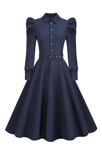 Abito vintage blu navy a maniche lunghe