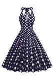 Hepburn Style Polka Dots Blu 1950s Abito