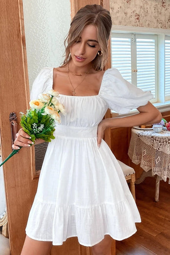 Mini Vestito Laurea Bianco Colletto Quadrato Maniche Corte