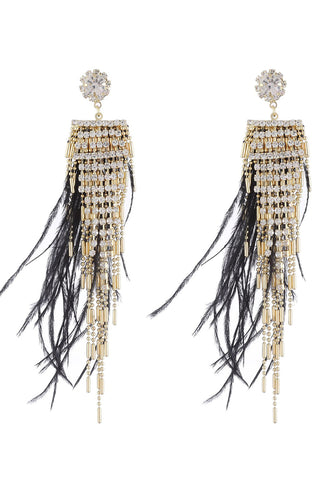 Orecchini lunghi con strass di piume di nappa