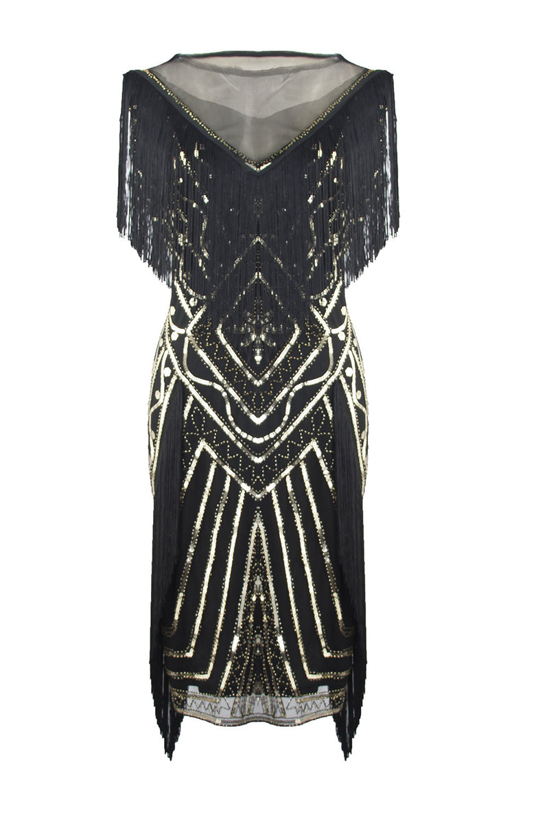 Carica l&#39;immagine nel visualizzatore di Gallery, Abito flapper nero con paillettes glitterate con frange