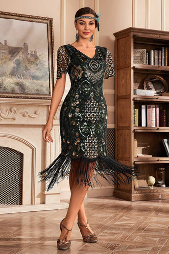 Dark Green V Neck Fringe 1920s Gatsby Dress With Sequins