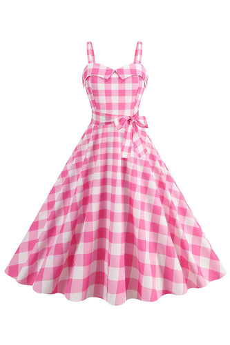 Abito anni '50 quadri rosa con spalline sottili linea A