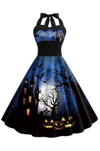 Abito vintage blu Halter stampato di Halloween