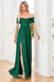Sparkly Sequin Dark Green Off the Shoulder A Line Prom Dress With Slit