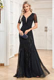 Sparkly Black Mermaid Short Sleeves V-Neck Prom Dress