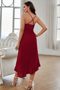 Rosso scuro A-line Chiffon V-scollo Spaghetti Strap Party Dress