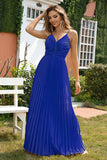 Royal Blue V-neck Spaghetti Strap Plissé Party Dress