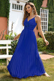 Royal Blue V-neck Spaghetti Strap Plissé Party Dress