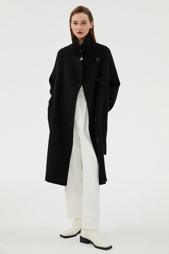 Cappotto lungo nero in lana double-face con revers
