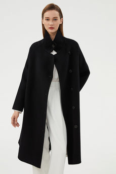 Cappotto lungo nero in lana double-face con revers