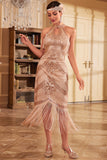 Champagne Glitter Halter Fringes 1920s Dress con senza maniche