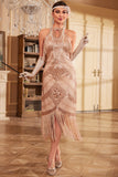 Champagne Glitter Halter Fringes 1920s Dress con senza maniche