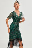Sparkly verde scuro con perline frangiate Cap Sleeves 1920s Gatsby Dress