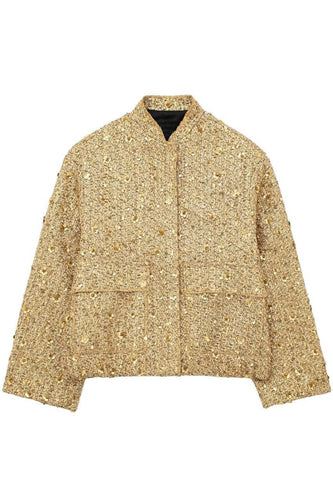 Elegante giacca di paillettes dorate con tasche