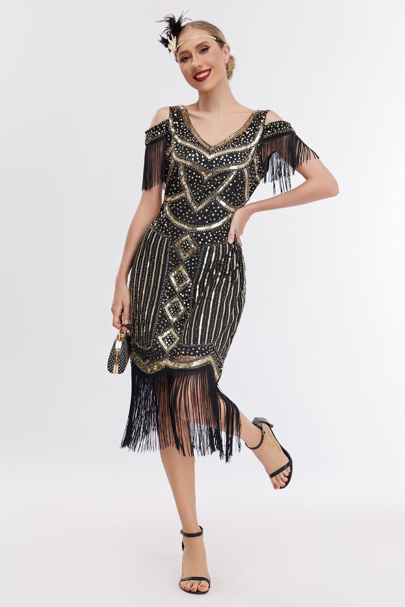 Carica l&#39;immagine nel visualizzatore di Gallery, Nero Dorato Cold Shoulder Fringes 1920s Gatsby Dress